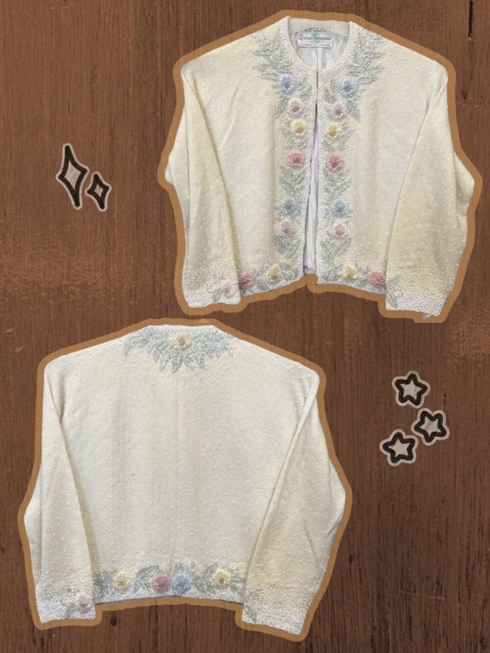 Vintage 1950's Lambswool Beaded Cream Cardigan | Gene Shelley